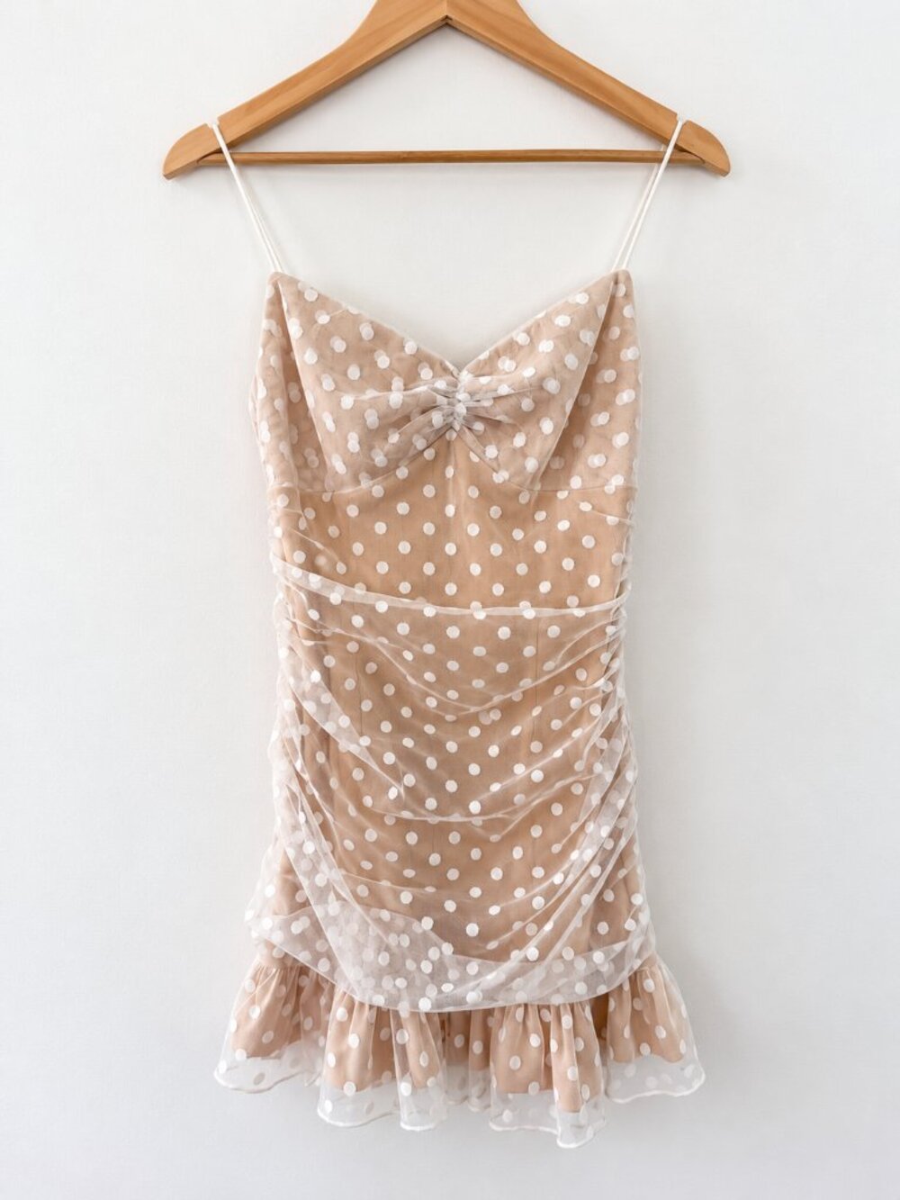 More To Come Polka Dot Mesh Ruched Bow Ruffle Mini Dress Small Coquette Romantic